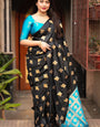 Stylish Black and Firozi Soft Silk Saree With Arresting Blouse Piece