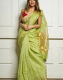 Enigmatic Pista Cotton Silk Saree With Efflorescence Blouse Piece
