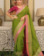 Cynosure Green Soft Silk Saree With Ailurophile Blouse Piece