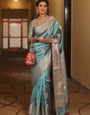 Prodigal Firozi Soft Banarasi Silk Saree With Designer Blouse Piece
