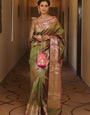 Staggering Mehndi Soft Banarasi Silk Saree With Stunner Blouse Piece