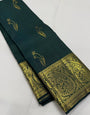 Exquisite Dark Green Pure Zari Weaving Banarasi Silk Saree With Gossamer Blouse Piece