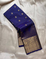 Breathtaking Navy Blue Pure Zari Weaving Banarasi Silk Saree With Rhapsodic Blouse Piece