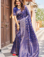 Tantalizing Navy Blue Kanjivaram Silk Saree With Chatoyant Blouse Piece