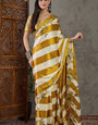 Super extravagant Mustard Ajrakh Printed Semi Modal Silk Saree With Innovative Blouse Piece