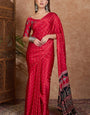 Delightful Red Ajrakh Printed Semi Modal Silk Saree With Ethnic Blouse Piece