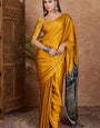Symmetrical Mustard Ajrakh Printed Semi Modal Silk Saree With Incredible Blouse Piece