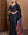Gleaming Black Ajrakh Printed Semi Modal Silk Saree With Precious Blouse Piece