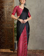 Snappy Black Ajrakh Printed Semi Modal Silk Saree With Eye-catching Blouse Piece