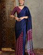 Unique Navy Blue Ajrakh Printed Semi Modal Silk Saree With Blooming Blouse Piece