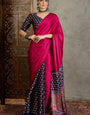 Fantabulous Dark Pink Ajrakh Printed Semi Modal Silk Saree With Conflate Blouse Piece