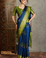 Fragrant Navy Blue Ajrakh Printed Semi Modal Silk Saree With Appealing Blouse Piece