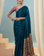 Vibrant Rama Ajrakh Printed Semi Modal Silk Saree With Twirling Blouse Piece