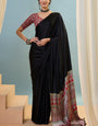 Sizzling Black Ajrakh Printed Semi Modal Silk Saree With Efflorescence Blouse Piece