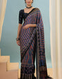 Angelic Navy Blue Ajrakh Printed Semi Modal Silk Saree With Stylish Blouse Piece