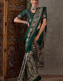 Most Ornate Dark Green Ajrakh Printed Semi Modal Silk Saree With Imaginative Blouse Piece