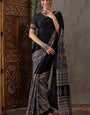 Rhapsody Black Ajrakh Printed Semi Modal Silk Saree With Seraglio Blouse Piece