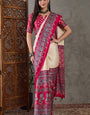 Piquant Off White Ajrakh Printed Semi Modal Silk Saree With Quintessential Blouse Piece