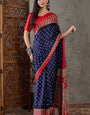 Blissful Navy Blue Ajrakh Printed Semi Modal Silk Saree With Energetic Blouse Piece