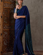 Magnetic Navy Blue Ajrakh Printed Semi Modal Silk Saree With Intricate Blouse Piece