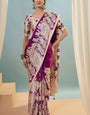 Verdant Purple Ajrakh Printed Semi Modal Silk Saree With Girlish Blouse Piece