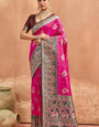 Unequalled Dark Pink Pure Zari Weaving Banarasi Silk Saree With Beleaguer Blouse Piece