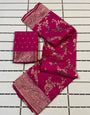 Engaging Dark Pink Soft Banarasi Silk Saree With Serendipity Blouse Piece