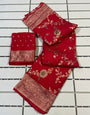 Gratifying Red Soft Banarasi Silk Saree With Improbable Blouse Piece