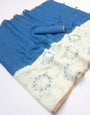 Proficient Beige And Blue Printed Cotton Silk Saree With Super classy Blouse Piece