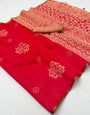 Beauteous Red Printed Cotton Silk Saree With Blooming Blouse Piece