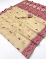 Admirable Beige Pure Munga Cotton Silk Saree With Exceptional Blouse Piece