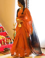 Reddish Orange Maheshawari Cotton Silk Saree