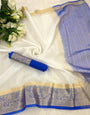 Symmetrical White and Blue Orgenza Silk Saree With Palimpsest Blouse Piece