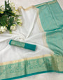 Scrumptious White and Firozi Orgenza Silk Saree With Fantabulous Blouse Piece