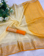 Fragrant White and Orange Orgenza Silk Saree With Fragrant Blouse Piece
