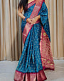 Twirling Teal Blue Digital Printed Dola Silk Saree With Inspiring Blouse Piece