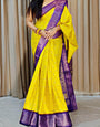 Unique Yellow Digital Printed Dola Silk Saree With Smart Blouse Piece