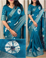 Resonant Firozi Digital Printed Dola Silk Saree With Ethereal Blouse Piece