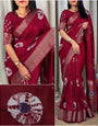 Ephemeral Maroon Digital Printed Dola Silk Saree With Nebula Blouse Piece
