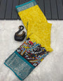Splendiferous Yellow Digital Printed Dola Silk Saree With Magnetic Blouse Piece