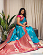 Smart Firozi Soft Banarasi Silk Saree With Designer Blouse Piece