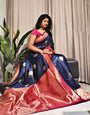 Outstanding Navy Blue Soft Banarasi Silk Saree With Phenomenal Blouse Piece
