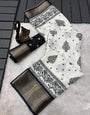 Comely Off White Digital Printed Dola Silk Saree With Assemblage Blouse Piece