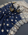 Profuse Navy Blue Soft Banarasi Silk Saree With Groovy Blouse Piece