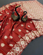 Scrumptious Red Soft Banarasi Silk Saree With Mesmeric Blouse Piece