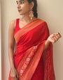 Bucolic Red Soft Banarasi Silk Saree With Capricious Blouse Piece