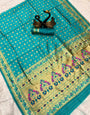 Alluring Turquoise Paithani Silk Saree With Amazing Blouse Piece