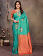 Seraphic Sea Green Soft Banarasi Silk Saree With Transcendent Blouse Piece