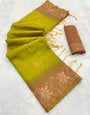 Redolent Mehndi Soft Banarasi Silk Saree With Delightful Blouse Piece