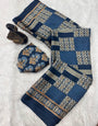 Admirable Blue Ajrakh Printed Gajji Soft Silk Saree With Snappy Blouse Piece